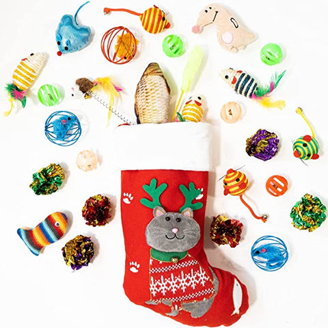 Christmas Stocking for Cats Filled with Cat Toys